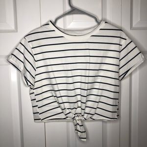 Black and White Stripe Tie-Front Cropped T-Shirt